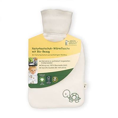 GRÜNSPECHT Bouillotte en caoutchouc naturel avec housse blanche bio 100% coton GOTS pour enfants et adultes (644-00)