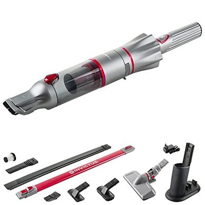 Genius A82124 Invictus One 2.0-Aspiradora de Mano y Suelo (15 Piezas, sin Bolsa e inalámbrica, 13000 PA, 2 filtros HEPA, batería de Iones de Litio, Juego de cepillos adicionales), Rojo
