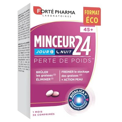Forté Pharma - Minceur 24 45+ | Complément alimentaire minceur femme de 45 ans et plus - Elimination - Brule graisse | Collagène, Vitamine B, Prêle, Piment, Zinc, Chrome | 56 comprimés