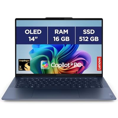 Lenovo Yoga Slim 7 14Q8X9 - Ordinateur Portable Copilot + 14'' 3K OLED 90Hz (Qualcomm - SD Elite X, RAM 16Go, SSD 512Go, Windows 11 Home) Clavier rétroéclairé AZERTY FR - Cosmique Bleu