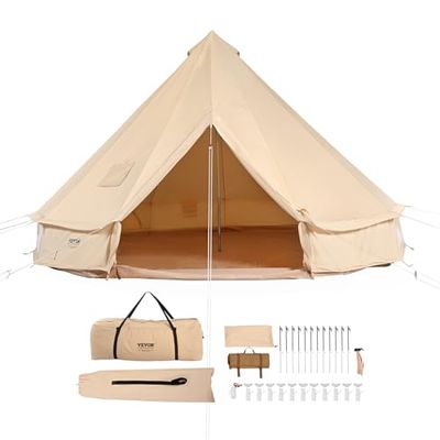 VEVOR Tente Cloche en Toile 4 m Tente de Yourte 4 Saisons Tente de Camping Familial avec Trou de Poêle à Bois, Sacs de Rangement pour Glamping Jusqu'à 6 Personnes, Groupes en Plein Air, Fête, Chasse