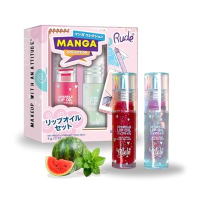 Manga Collection Sparkle Lip Oil Duo by Rude Cosmetics for Women - 2 Pc 0.14oz Sparkle Lip Oil -Watermelon, 0.14oz Sparkle Lip Oil - Mint