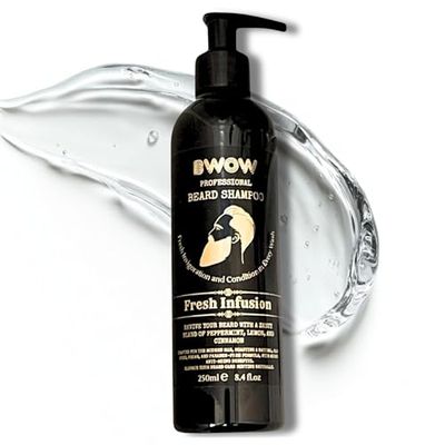 Beard Wash Shampoo Natural Vegan Deep Cleansing Conditioning Hydrating Itch Free Beard & Skin Refreshing Peppermint Lemon & Cinnamon Fresh Infusion SLS SLES Paraben Free Anti Frizz 250ml