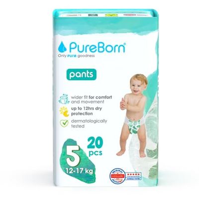 PureBorn Pieluchomajtki Baby Pants, Rozmiar 5 (12-17 kg), 20 Sztuki, Doskonała Ochrona i w Dzień i w Nocy, Wyjątkowo Miękkie, Przyjazne dla Skóry, Testowane Dermatologicznie