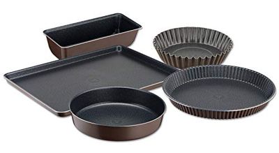 Tefal YY4220FA Perfectbake, Marron, Set 5 Moules Tarte 30 cm Manqué 24 cm Cake 28 cm Quatre Quarts 26 cm Plaque Pâtisserie 38 x 28 cm Moule à Gâteau Antiadhésif Aluminium