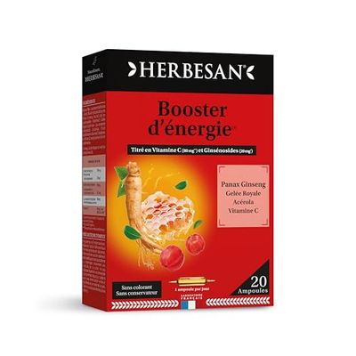 HERBESAN®-Panax Ginseng Meyer, Gelée Royale, Vitamine C, Acérola- Booster toniques, défenses immunitaires- 20 ampoules de 10ml