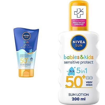 NIVEA SUN Kids Swim & Play // Ultra Protect & Play SPF 50+ Lotion (150ml), Water-Resistant Sunscreen & SUN Kids Protect & Sensitive Spray (200ml) Sunscreen Spray with SPF 50+, Kids Suncream