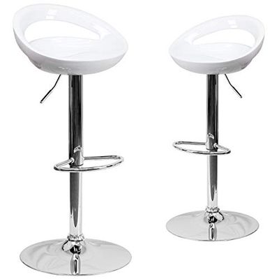 Flash Furniture Wilson - Confezione da 2 sgabelli da Bar contemporanei in plastica Bianca ad Altezza Regolabile con Schienale Arrotondato e Base cromata