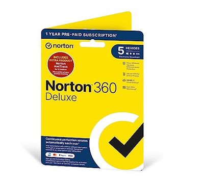 Norton 360 Deluxe & Antitrack 2024, Antivirus Software for 5 Devices, 50GB, 12 Month Subscription ‎with ‎Automatic Renewal