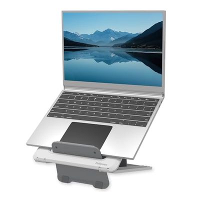 Fellowes Laptop Stand for Desk - Breyta Adjustable 100% Recyclable for the Home and Office - Portable with 12 Height Adjustments - Max Monitor Size 15.6", Max Weight 4KG - White