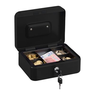 Relaxdays Caja de Dinero, Cerradura, Bandeja Extraíble, 5 Compartimentos, Cajita Hierro, 8,5 x 20 x 17 cm, Negro