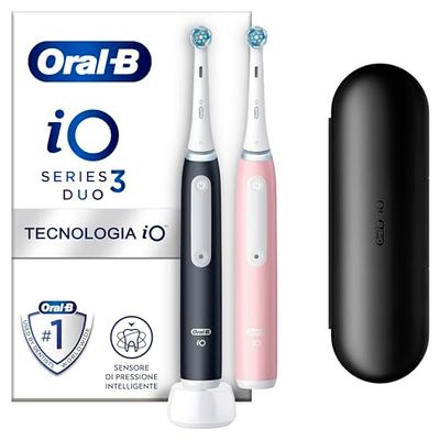 Oral-B Spazzolino Elettrico Ricaricabile iO 3 Rosa e Nero, 2 Testine Di Ricambio, 1 Custodia Da Viaggio. Confezione Doppia. 2 Spazzolini