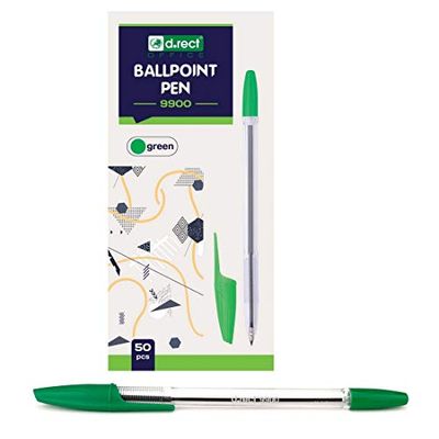 D.RECT 110172 9900 Ballpoint Pens Pack of 50 in Green | Transparent with Clip Lid | Tungsten Carbide Ball