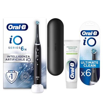 Oral-B Spazzolino Elettrico iO6, Ultimate Clean Testine e Dentifricio, Pulizia Profonda, 6 Testine, Sensore di Pressione, 5 Modalità di Spazzolamento, Custodia da Viaggio, Nero, Idea Regalo