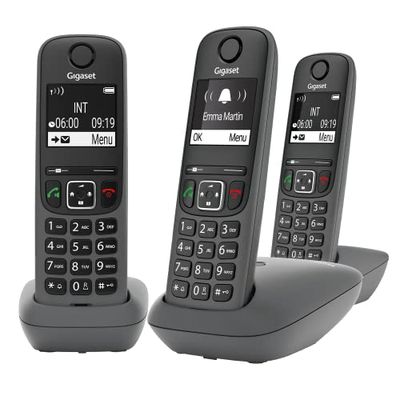 Gigaset A695 Trio - téléphone DECT sans Fil - 3 combinés avec Grand écran à Haut Contraste - Excellente qualité Audio - Fonction Mains Libres - Protection d'appels, Gris [Version française]