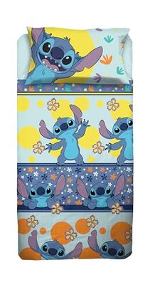 Stitch Lakanset för enkelsäng, Disney-set för enkelsäng, överlakan med hörn, örngott, blå, Disney, 100% bomull, officiell produkt