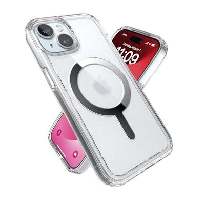 Speck Custodia trasparente per iPhone 15, sottile, costruita per MagSafe, protezione contro le cadute, per iPhone 15, iPhone 14 e iPhone 13, antigraffio, anti-ingiallimento, custodia per telefono da