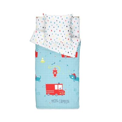 Bleu Câlin Caradou Blue Fireman Sängkläder i bomull, 4 delar: allt-i-ett barns säng med täcke - 90 x 190 cm
