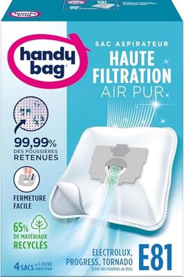 Handy Bag - Sacs aspirateur E81 x4sacs - Compatibles Electrolux, Progress, Tornado et Volta - 99,99% des poussières retenues - Fermeture facile - Filtre anti-allergène - 65% de matériaux recyclés
