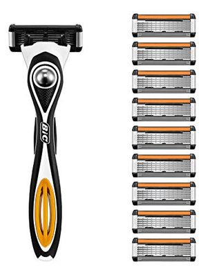 BIC Hybrid 5 Flex Refillable Men's Razor, 1 Weighted Handle and 10 Nano-Tech Titanium 5-Blade Refills with Precision Blade - Bundle of 1+10