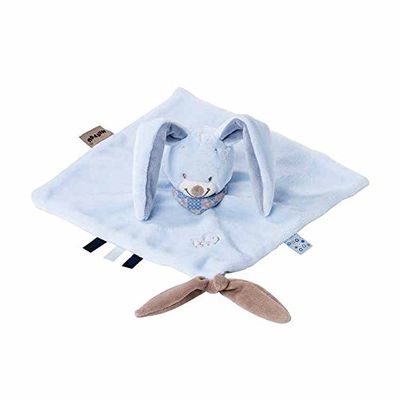 Nattou Doudou Plat Lapin Bibou avec Attache pour Sucette, 27 x 27 cm, Alex et Bibou, Bleu