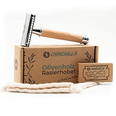 Chinchilla® Rasoio in legno d'ulivo - incluse 10 lamette e testa a 2 lati & con borsa portaoggetti - Rasoio di sicurezza ecologico e senza plastica per uomini e donne