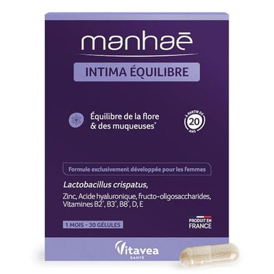 Vitavea Manhaé - Intima Equilibre - Probiotiques Equilibre Flore Intime et des muqueuses - Lactobacillus Crispatus, Vitamines, Zinc et Acide Hyaluronique - 30 gélules - 1 mois - Fabriqué en France