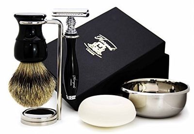 Classic Five Piece - Set da rasatura con pennello da barba in punta argentata, rasoio da barba, doppio supporto, ciotola in acciaio inox e sapone – regalo per lui