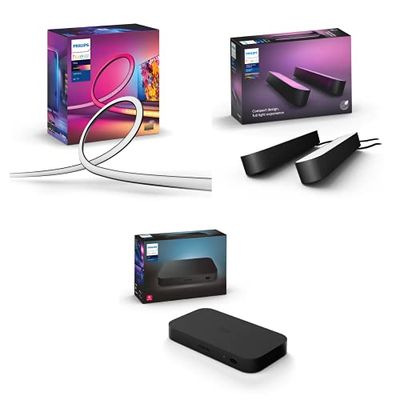 Philips Hue Gradient Lightstrip (for 65 Inch TV), HDMI Sync Box, and Hue Play Twin Pack [Black] Bundle. White and Colour Ambiance LED Smart Entertainment Lighting. Home, Indoor, Living Room and Lounge