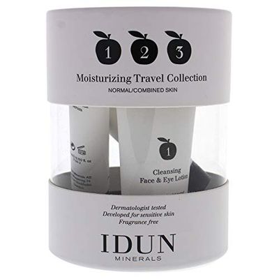 IDUN Minerals Travel Collection. Fuktgivande travelkit för känslig hy - rengöring 30milliliters, serum 15milliliters och dagkräm 15milliliters