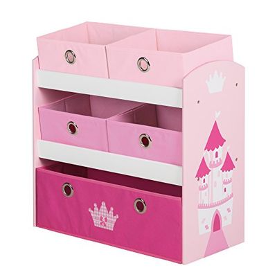 roba Étagère de Rangement Krone pour Chambre Fille - 5 Casiers Amovibles en Tissu pour Jouets - Motif Château / Rose