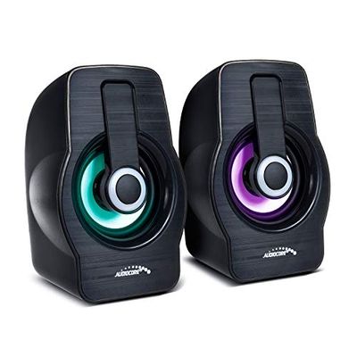 Audiocore Altifalantes estéreo para portáteis e computadores AC855 B, 20 Hz-18 kHz, 3 W x 2 (RMS), saída de áudio de 3,5 mm, retroiluminação LED, capa em preto ou vermelho a escolher (preto)