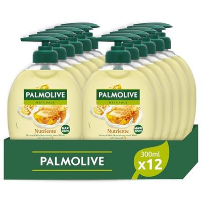 Palmolive Naturals Mydło w płynie do rąk, mleko i miód, 300 ml x 12, 96% biodegradowalna formuła, z mlekiem nawilżającym, delikatna formuła, butelka do recyklingu, przetestowana dermatologicznie