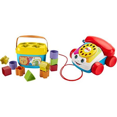 Fisher-Price Teléfono Carita Divertida, Juguete Educativo bebé +1 año (Mattel FGW66 ) + - Bloques Infantiles, Juguete Bloques Construcción para +6 Meses (Mattel FFC84)