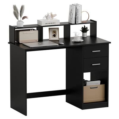 Mondeer Escritorio para computadora con 2 cajones y estantes de Almacenamiento, 105 x 48 x 94 cm, Mesa de Estudio para portátil para Espacio pequeño, estación de Trabajo, Oficina en casa, Color Negro