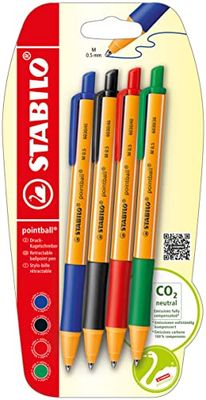 Balpen met klikmechanisme- STABILO pointball - 4 stuks - blauw, zwart, rood, groen