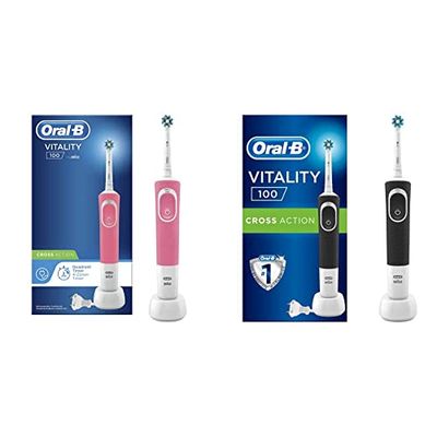 Oral-B Vitality 100 Brosse À Dents Électrique Rechargeable Avec 1 Manche Et 1 Brossette Crossaction, Rose, Minuteur Et Action De Nettoyage 2D & Vitality 100 Brosse À Dents Électrique Rechargeable