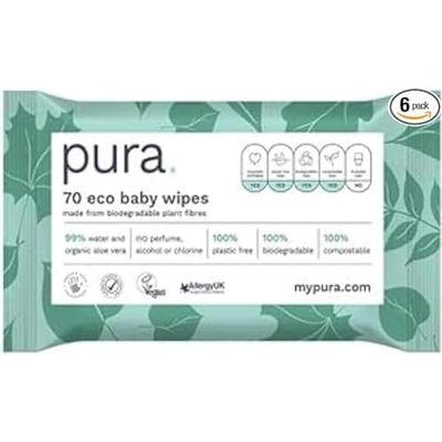 Pura Eco Friendly Baby Wipes 6 x 70 per pack (420 Wet Wipes) 100% Plastic Free, 99% Water, Biodegradable, Compostable, Vegan, Suitable for Sensitive & Eczema Prone Skin, Newborn