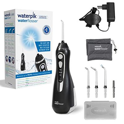 Waterpik Idropulsore Portatile Cordless Advanced, 3 Impostazioni di Pressione, Strumento di Rimozione della Placca Dentale Ideale per Viaggi o Bagni Piccoli, Batteria Ricaricabile, Nero (WP-562EU)