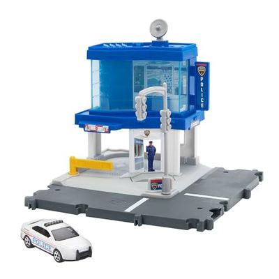 Matchbox - Stazione della Polizia, playset con auto di servizio Ford Interceptor e personaggio, satellite rotante e monitor sala di controllo inclusi, giocattolo per bambini, 3+ anni, HRY44