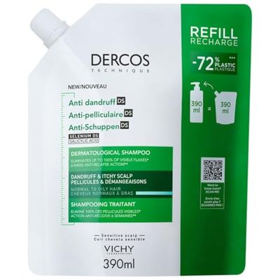 Vichy Dercos Anti-Dandruff Dermatological Shampoo for Normal to Oily Hair, 390 ml Refill Pouch