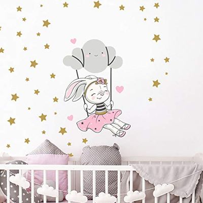 Stickers muraux enfants - Decoration chambre bébé - Stickers muraux enfant - Sticker mural Lapine sur Nuage + 100 étoiles - Autocollant mural fille - H45x L30 cm