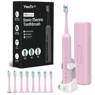 Brosse À Dents Électrique Sonique pour Adultes et Enfants - 5 Modes de Nettoyage, 3 Niveaux D'intensité, Minuterie Intégrée, 8 Têtes Incluses - Étui de Voyage - Rose
