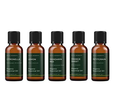Mystic Moments | Citrus Organic Essential Oil Gift Starter Pack 5x50ml | Citronella, Lemon, Mandarin Red, Orange Sweet, Petitgrain | Perfect as a Gift