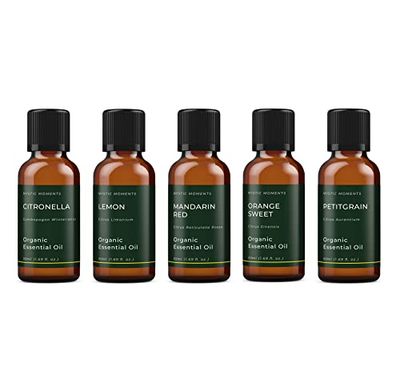 Mystic Moments | Citrus Organic Essential Oil Gift Starter Pack 5x50ml | Citronella, Lemon, Mandarin Red, Orange Sweet, Petitgrain | Perfect as a Gift