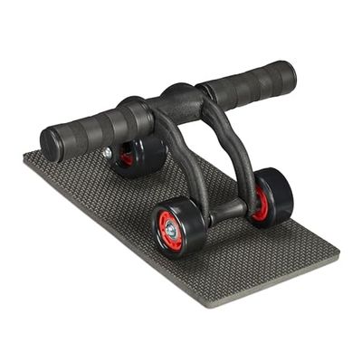 Relaxdays Wózek na brzuch z 3 kółkami, trenażer brzucha do domu, dla kobiet i mężczyzn, rolka fitness z matą pod kolana, czarny/czerwony