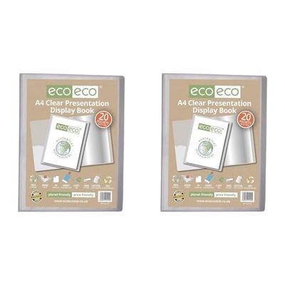 eco-eco A4 Size 50% Recycled 20 Pocket Clear Presentation Display Book, Storage Case Portfolio Art Folder with Plastic Sleeves, eco110 (Pack of 2)