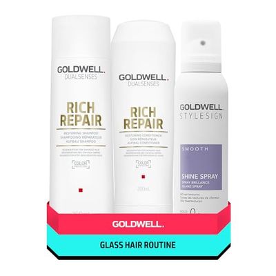 Goldwell Glass Hair routine; Dualsenses Rich Repair shampoo 250ml & conditioner 200ml, StyleSign Shine Spray 150ml