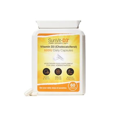 SunVit-D3 Vitamin D 600 IU Capsules - Cholecalciferol Vitamin D Capsules Support the Maintenance of Bone, Teeth, Muscle & Immune System | Made in UK & GMP Approved - D3 Vitamins 60 Convenient Capsules