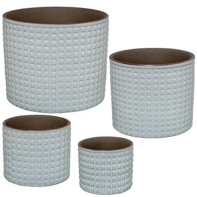 SET 4 MACETEROS CERÁMICA BLANCO DECO. CUADRADITOS_°22X18+°18X12+°14X12+°11X9CM